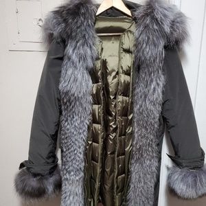 Nylon removable genuine fox fur hooded parka coat